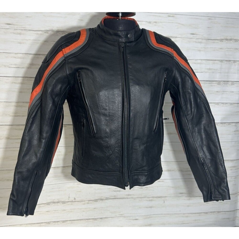Unik Ultra Leather Jacket Womens Sz. LARGE Black Orange Harley Colors Motorcycle